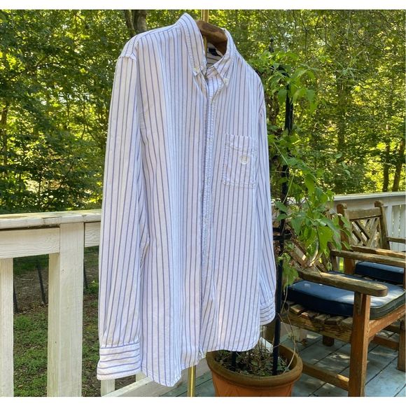 Chaps White Blue Stripe Crest Button Up Oxford Shirt - Picture 6 of 7